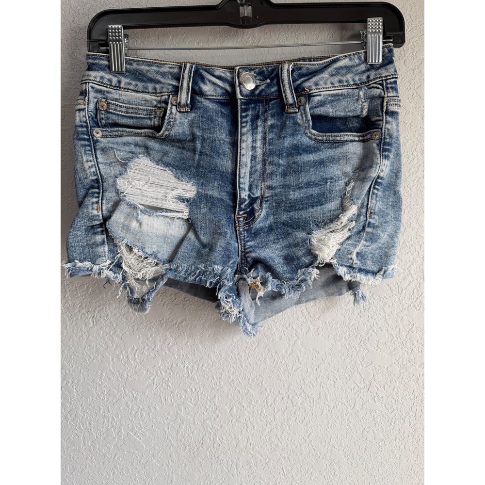 American Eagle Ne(x)t Level Stretch Distressed Denim Shorts Blue Womens Size 6